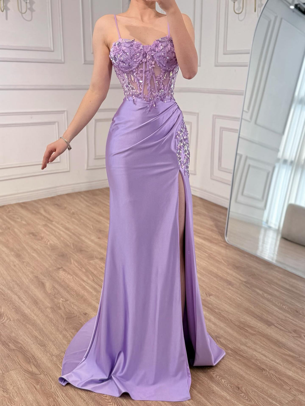 LiCLAc Satin Mermaid Prom Dress with Beaded and High Split CLA73569