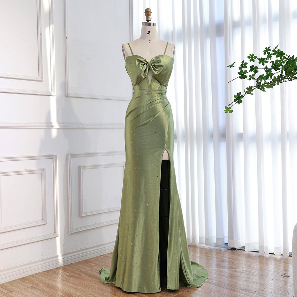 Luxury Olive Green Prom Dress with Bow Rhinestone High Split CLA73573