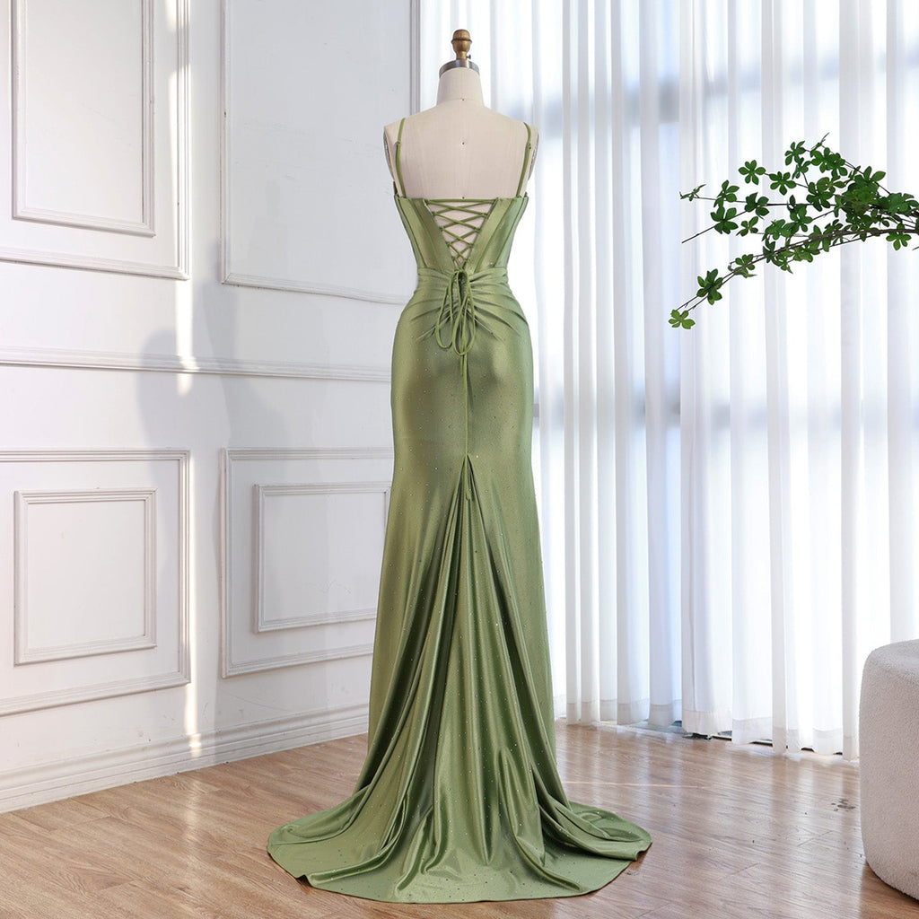 Luxury Olive Green Prom Dress with Bow Rhinestone High Split CLA73573