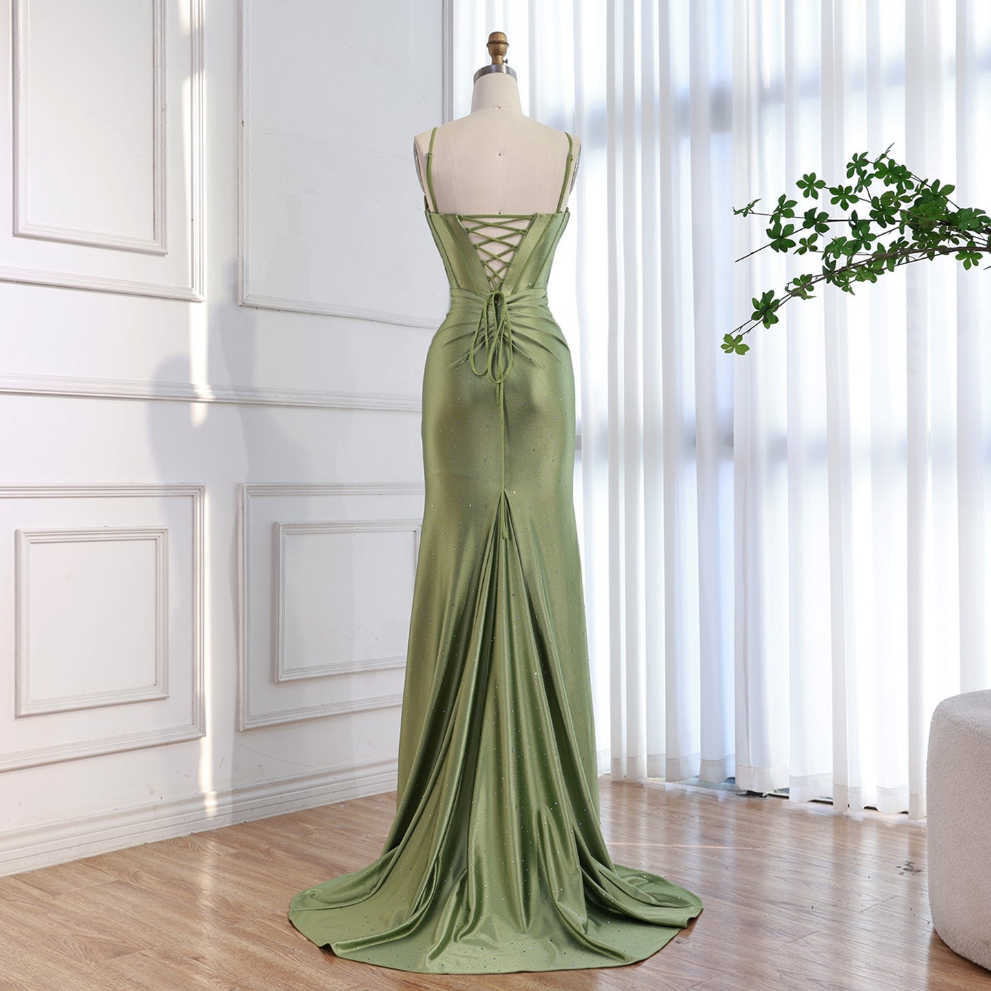 Luxury Olive Green Prom Dress with Bow Rhinestone High Split CLA73573