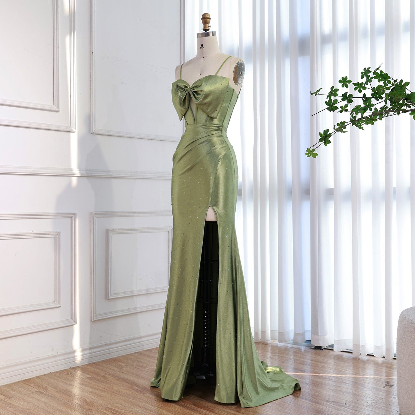 Luxury Olive Green Prom Dress with Bow Rhinestone High Split CLA73573