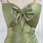 Luxury Olive Green Prom Dress with Bow Rhinestone High Split CLA73573
