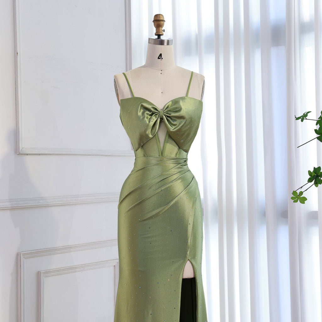 Luxury Olive Green Prom Dress with Bow Rhinestone High Split CLA73573