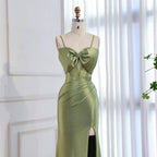 Luxury Olive Green Prom Dress with Bow Rhinestone High Split CLA73573