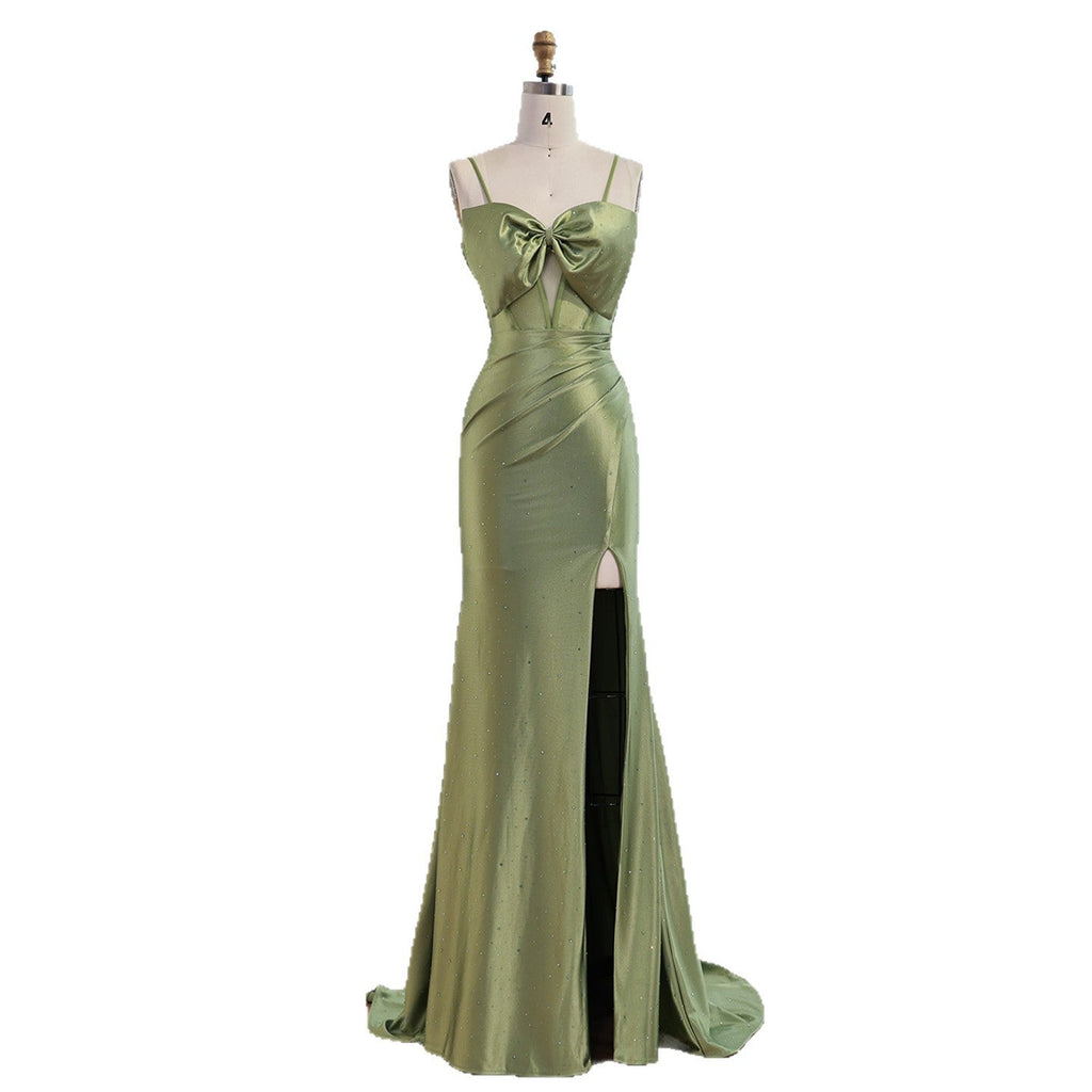Luxury Olive Green Prom Dress with Bow Rhinestone High Split CLA73573