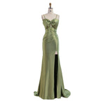Luxury Olive Green Prom Dress with Bow Rhinestone High Split CLA73573