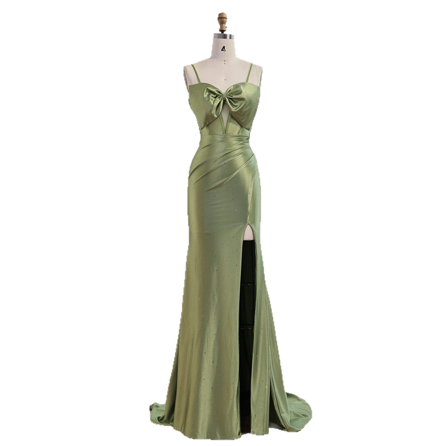 Luxury Olive Green Prom Dress with Bow Rhinestone High Split CLA73573