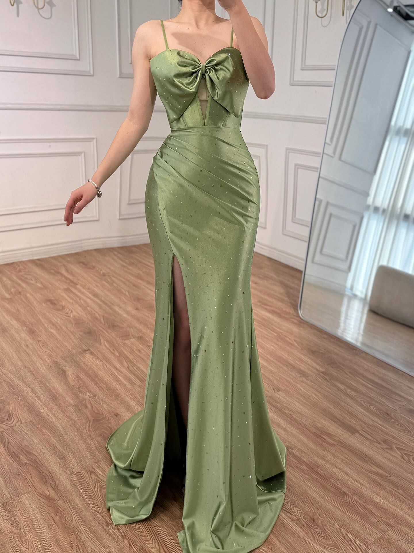 Luxury Olive Green Prom Dress with Bow Rhinestone High Split CLA73573