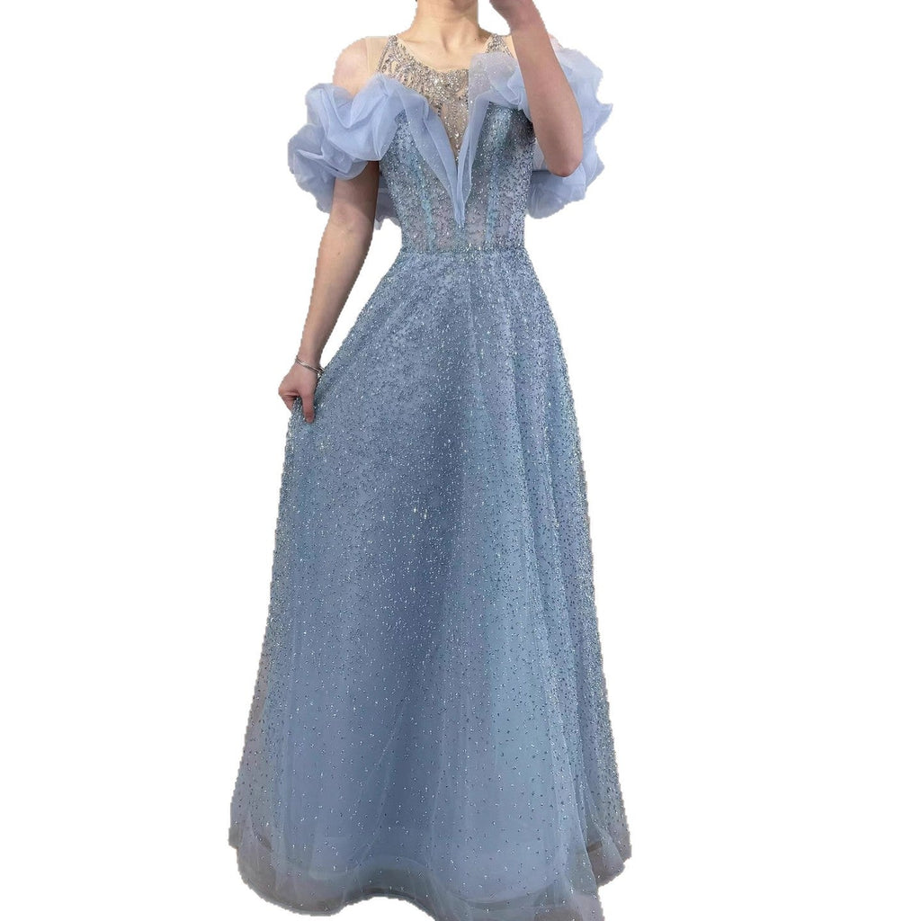 Luxury Blue Crystal Beaded A Line Evening Dress With Ruffle Sleeves CLA73576
