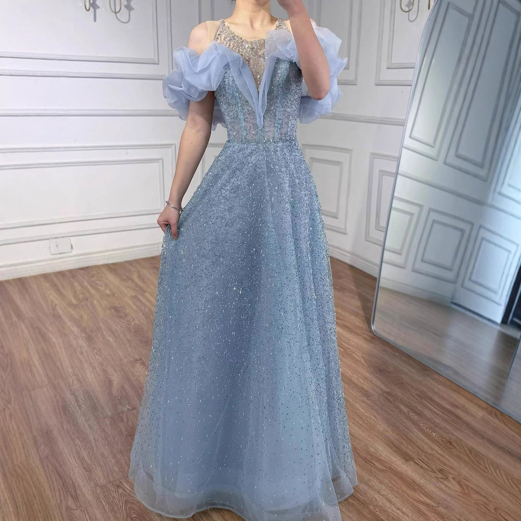 Luxury Blue Crystal Beaded A Line Evening Dress With Ruffle Sleeves CLA73576