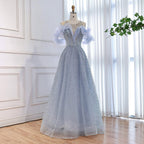 Luxury Blue Crystal Beaded A Line Evening Dress With Ruffle Sleeves CLA73576