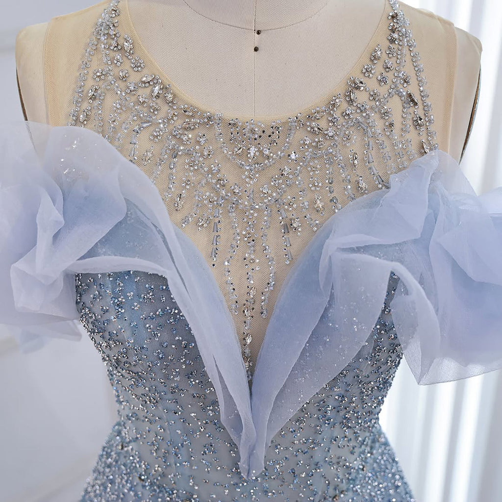 Luxury Blue Crystal Beaded A Line Evening Dress With Ruffle Sleeves CLA73576