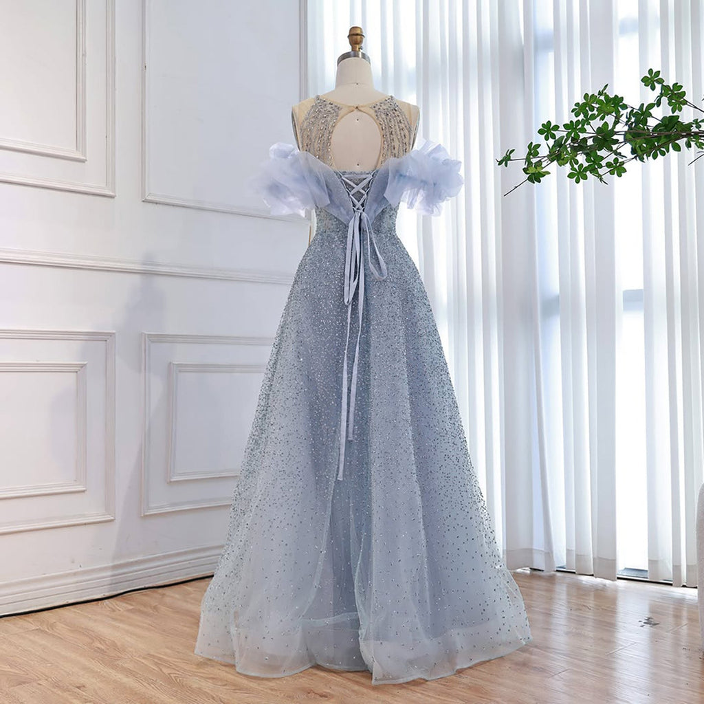 Luxury Blue Crystal Beaded A Line Evening Dress With Ruffle Sleeves CLA73576