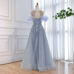 Luxury Blue Crystal Beaded A Line Evening Dress With Ruffle Sleeves CLA73576