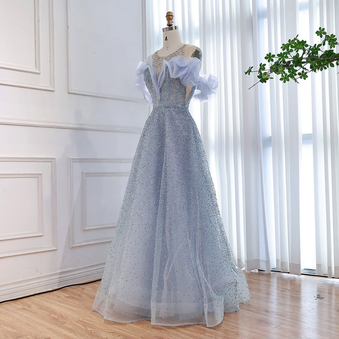 Luxury Blue Crystal Beaded A Line Evening Dress With Ruffle Sleeves CLA73576