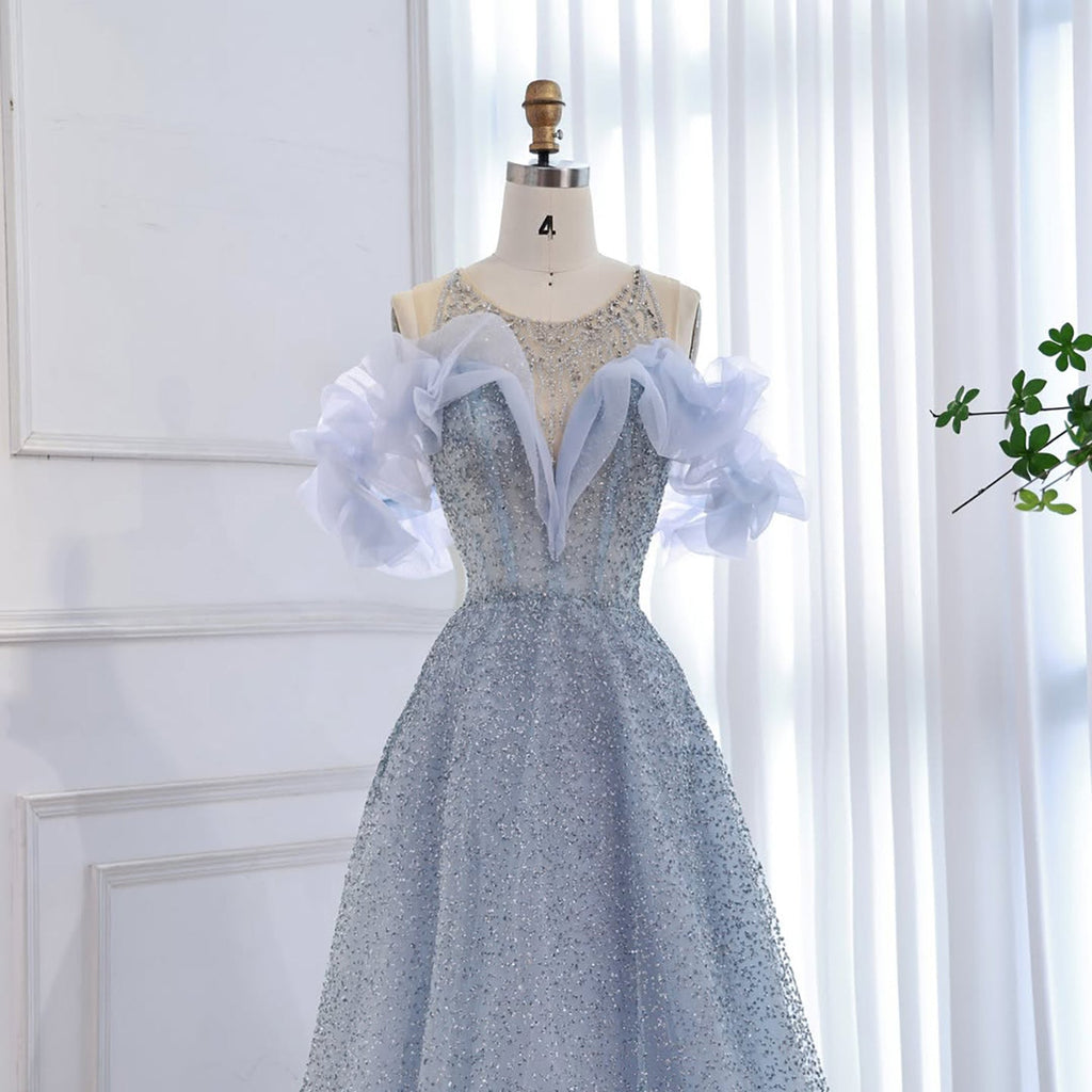 Luxury Blue Crystal Beaded A Line Evening Dress With Ruffle Sleeves CLA73576