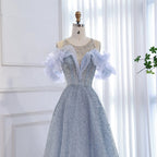 Luxury Blue Crystal Beaded A Line Evening Dress With Ruffle Sleeves CLA73576