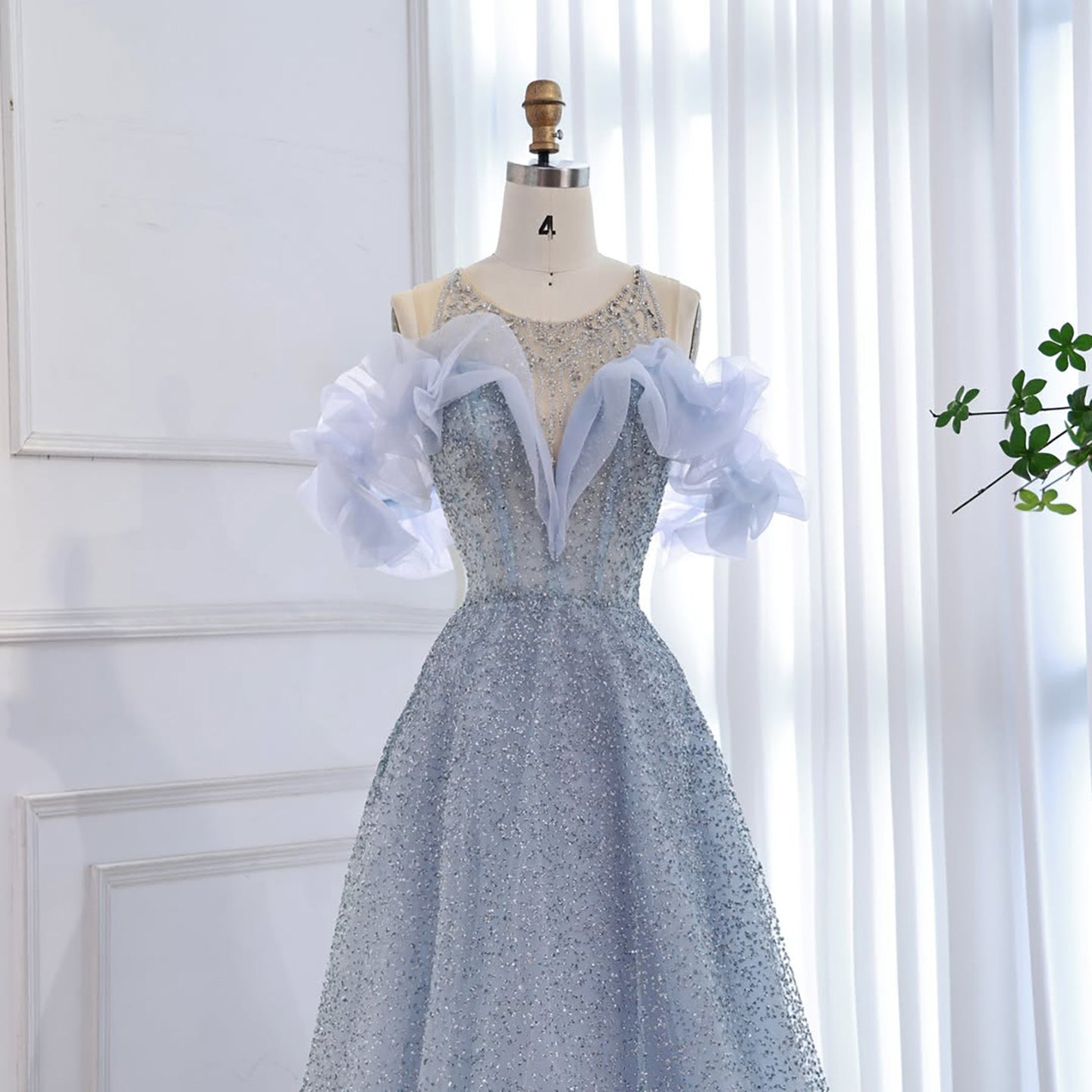 Luxury Blue Crystal Beaded A Line Evening Dress With Ruffle Sleeves CLA73576