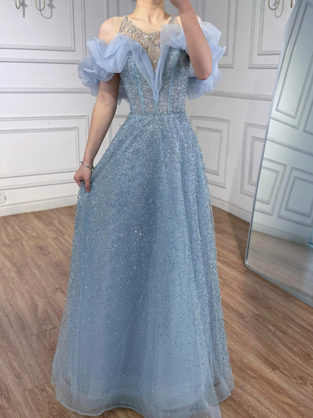 Luxury Blue Crystal Beaded A Line Evening Dress With Ruffle Sleeves CLA73576