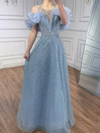 Luxury Blue Crystal Beaded A Line Evening Dress With Ruffle Sleeves CLA73576