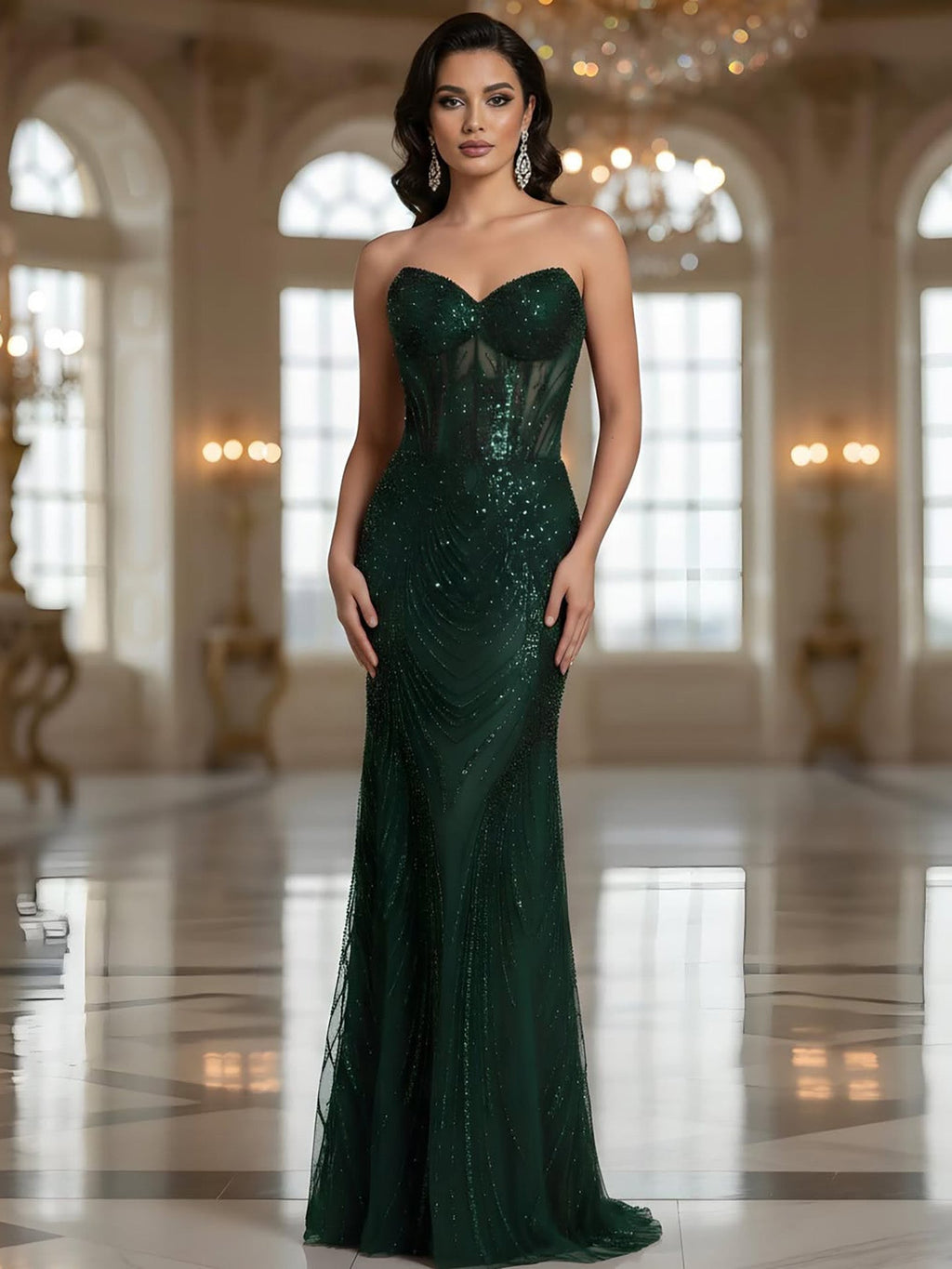 Luxury Green Beaded Mermaid Strapless Evening Dress CLA73577