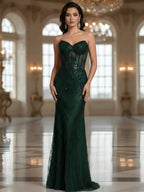 Luxury Green Beaded Mermaid Strapless Evening Dress CLA73577