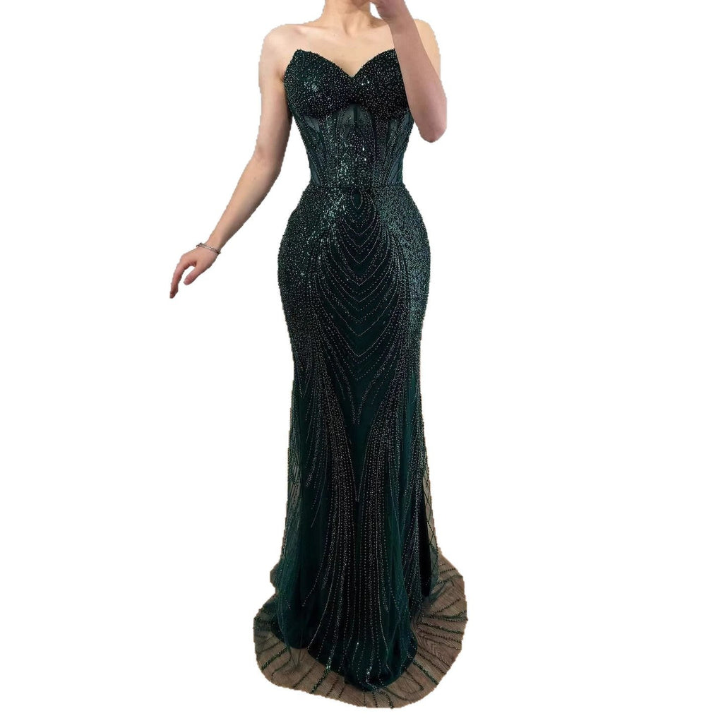 Luxury Green Beaded Mermaid Strapless Evening Dress CLA73577