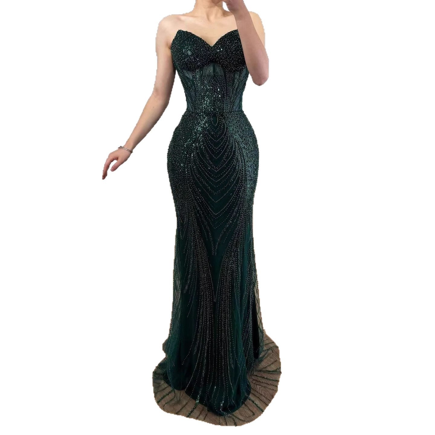 Luxury Green Beaded Mermaid Strapless Evening Dress CLA73577