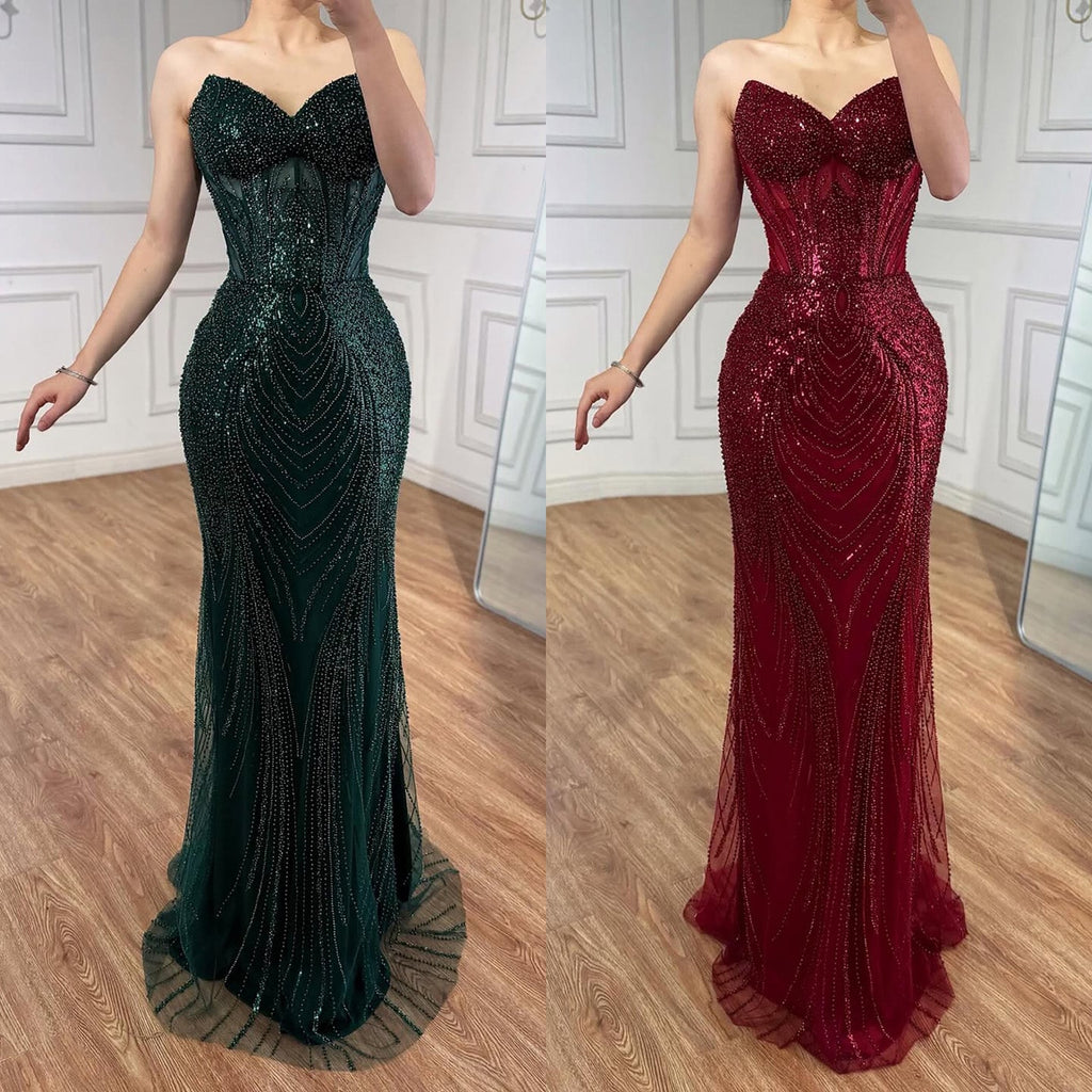 Luxury Green Beaded Mermaid Strapless Evening Dress CLA73577
