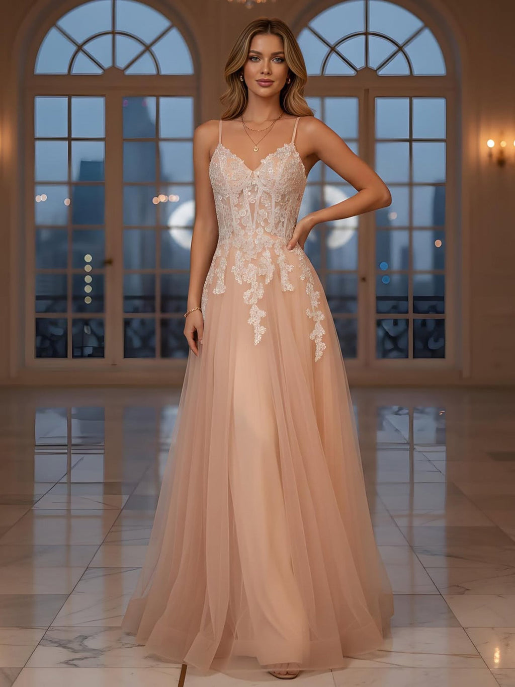 Luxury Peach Beaded Appliques A-Line Prom Dress CLA73578