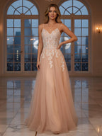 Luxury Peach Beaded Appliques A-Line Prom Dress CLA73578