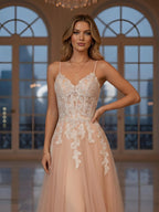 Luxury Peach Beaded Appliques A-Line Prom Dress CLA73578