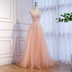 Luxury Peach Beaded Appliques A-Line Prom Dress CLA73578