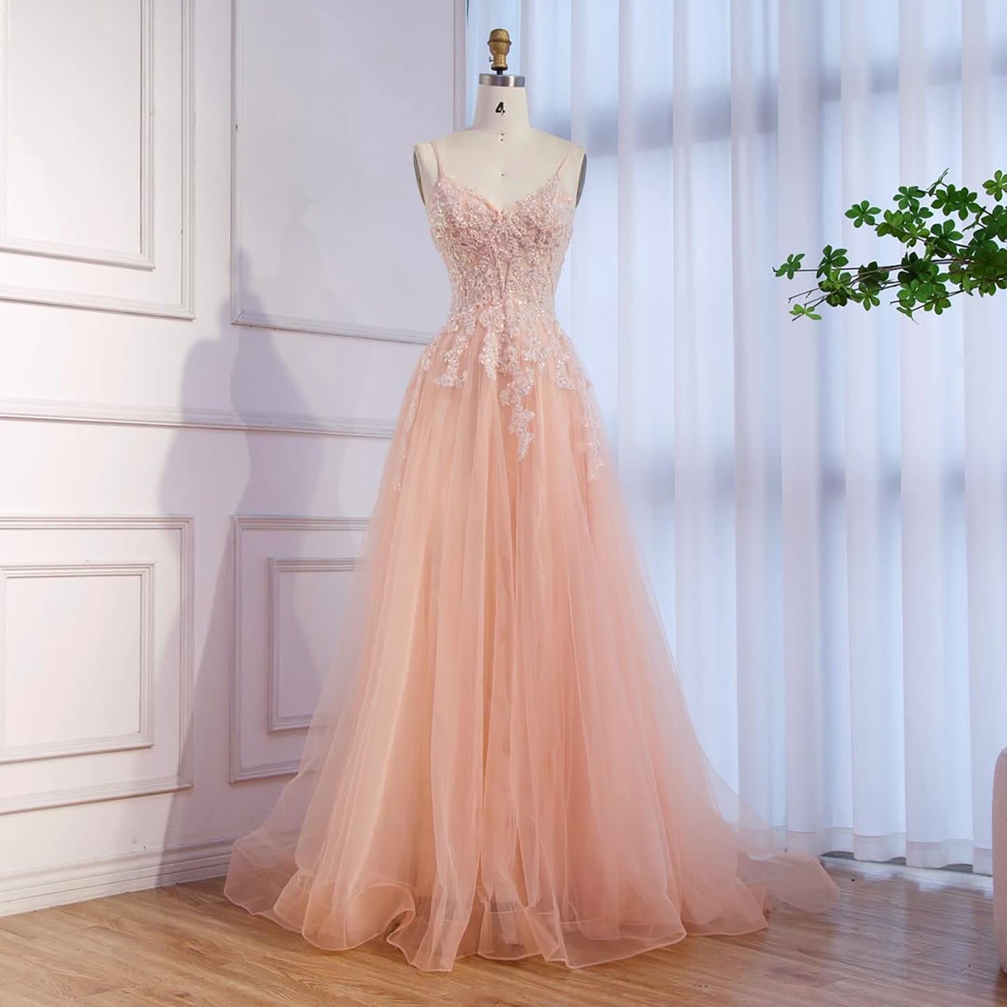 Luxury Peach Beaded Appliques A-Line Prom Dress CLA73578