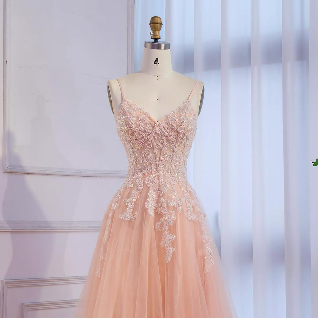 Luxury Peach Beaded Appliques A-Line Prom Dress CLA73578