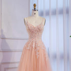 Luxury Peach Beaded Appliques A-Line Prom Dress CLA73578