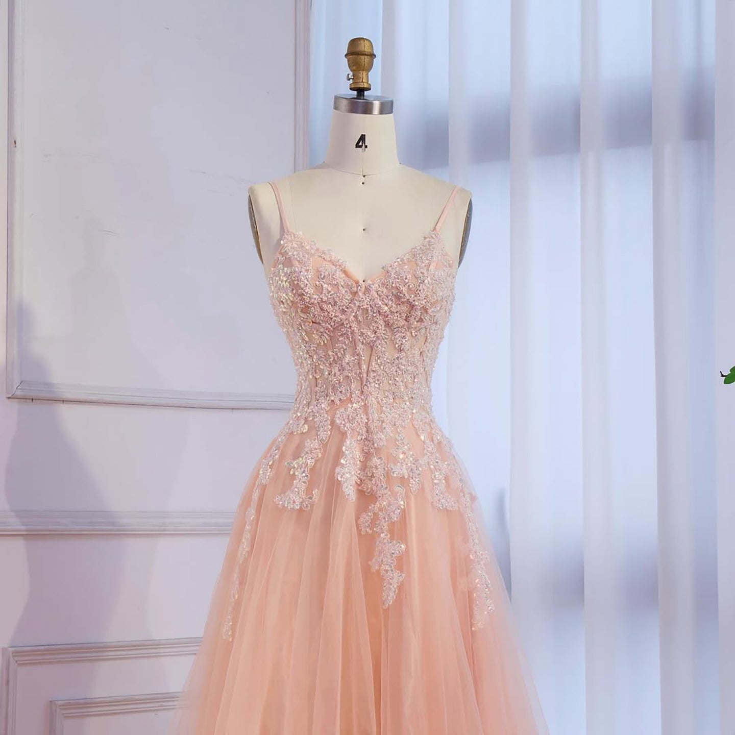 Luxury Peach Beaded Appliques A-Line Prom Dress CLA73578