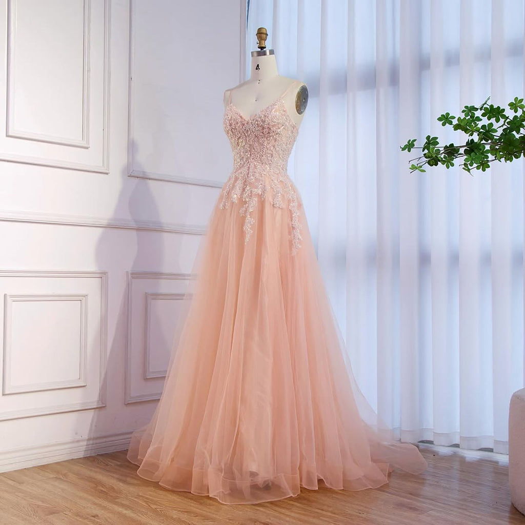 Luxury Peach Beaded Appliques A-Line Prom Dress CLA73578