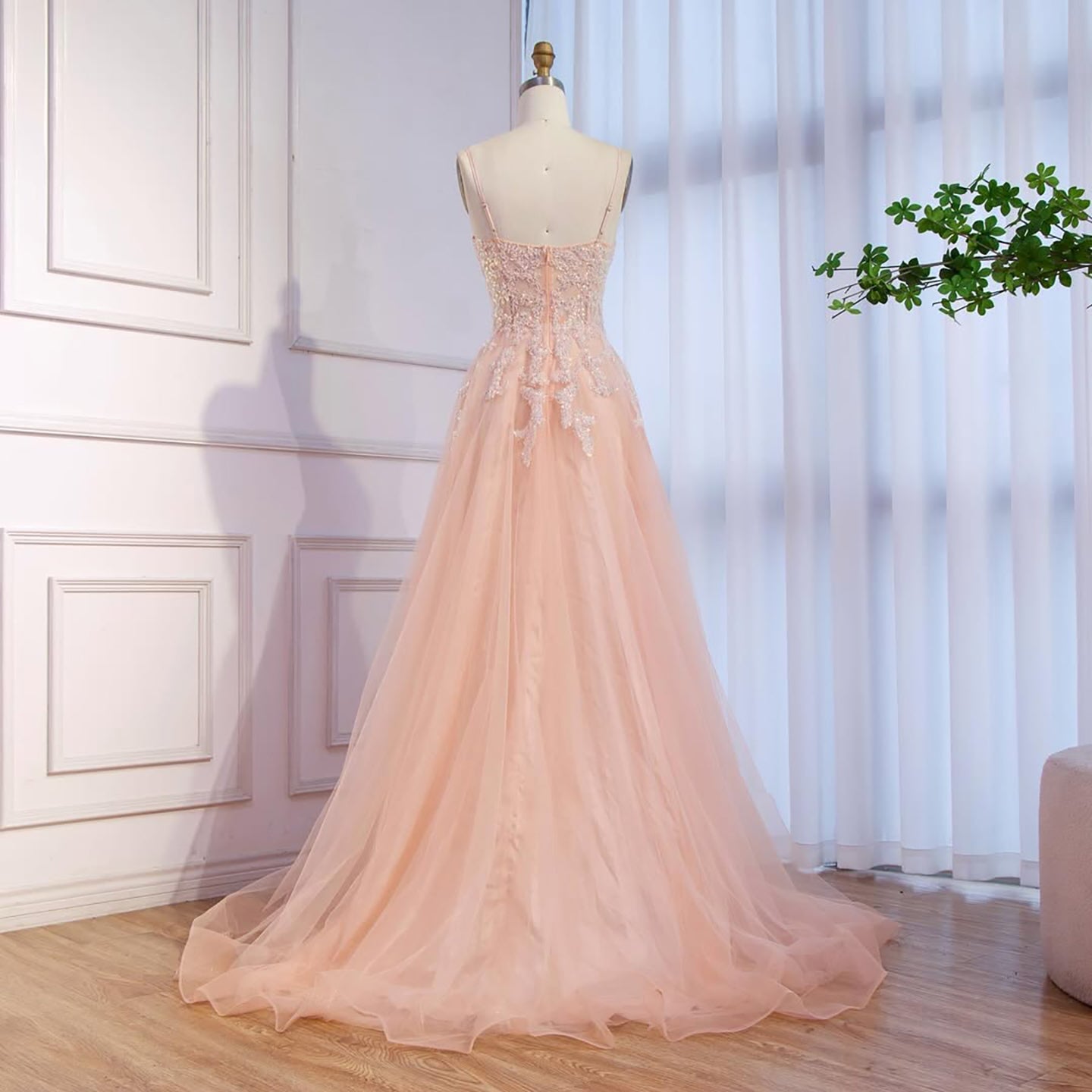 Luxury Peach Beaded Appliques A-Line Prom Dress CLA73578