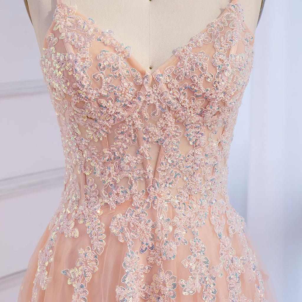 Luxury Peach Beaded Appliques A-Line Prom Dress CLA73578