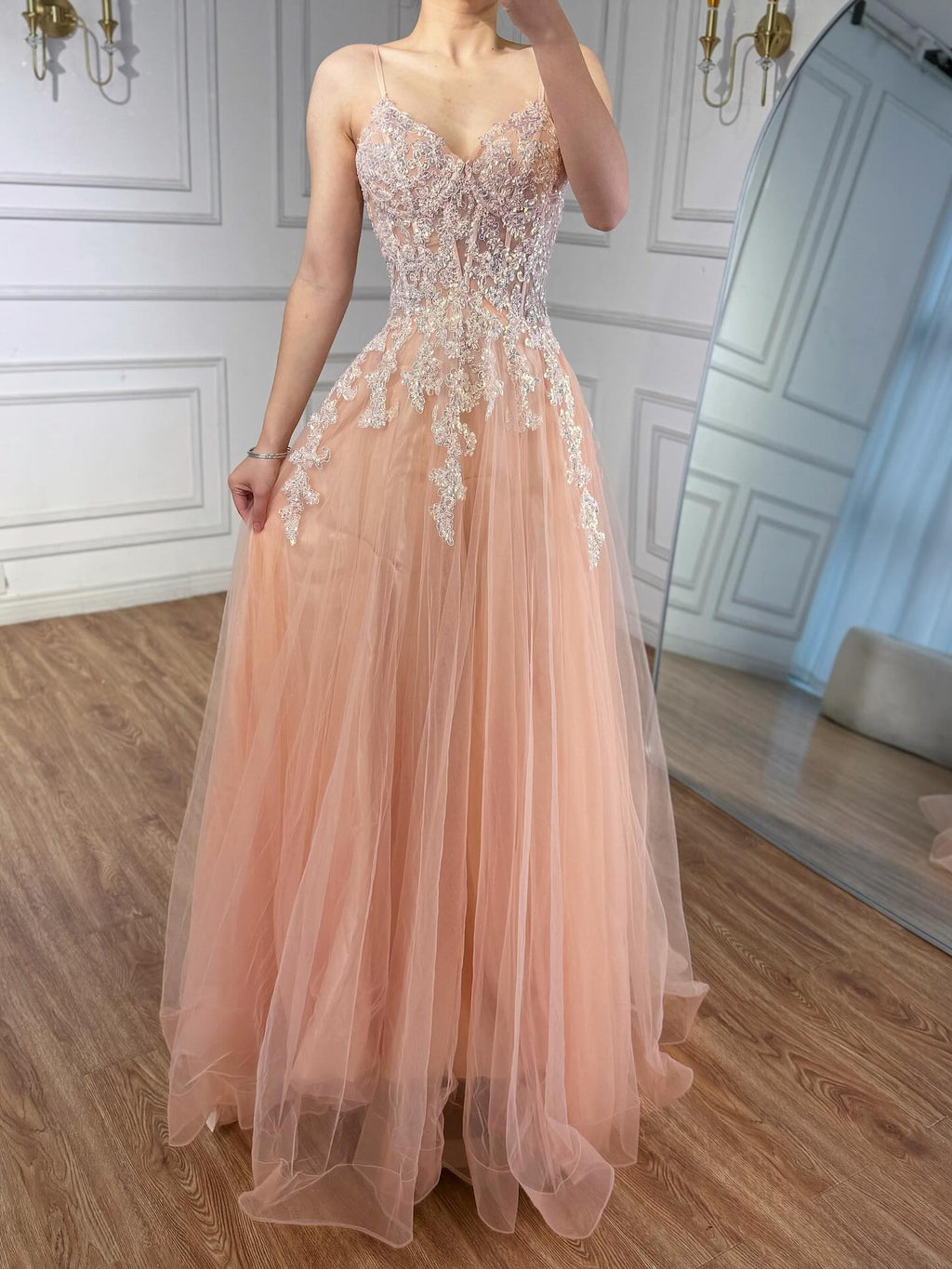 Luxury Peach Beaded Appliques A-Line Prom Dress CLA73578
