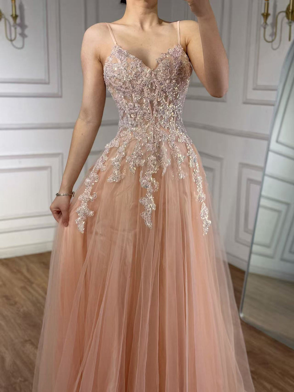 Luxury Peach Beaded Appliques A-Line Prom Dress CLA73578