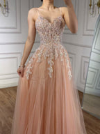 Luxury Peach Beaded Appliques A-Line Prom Dress CLA73578