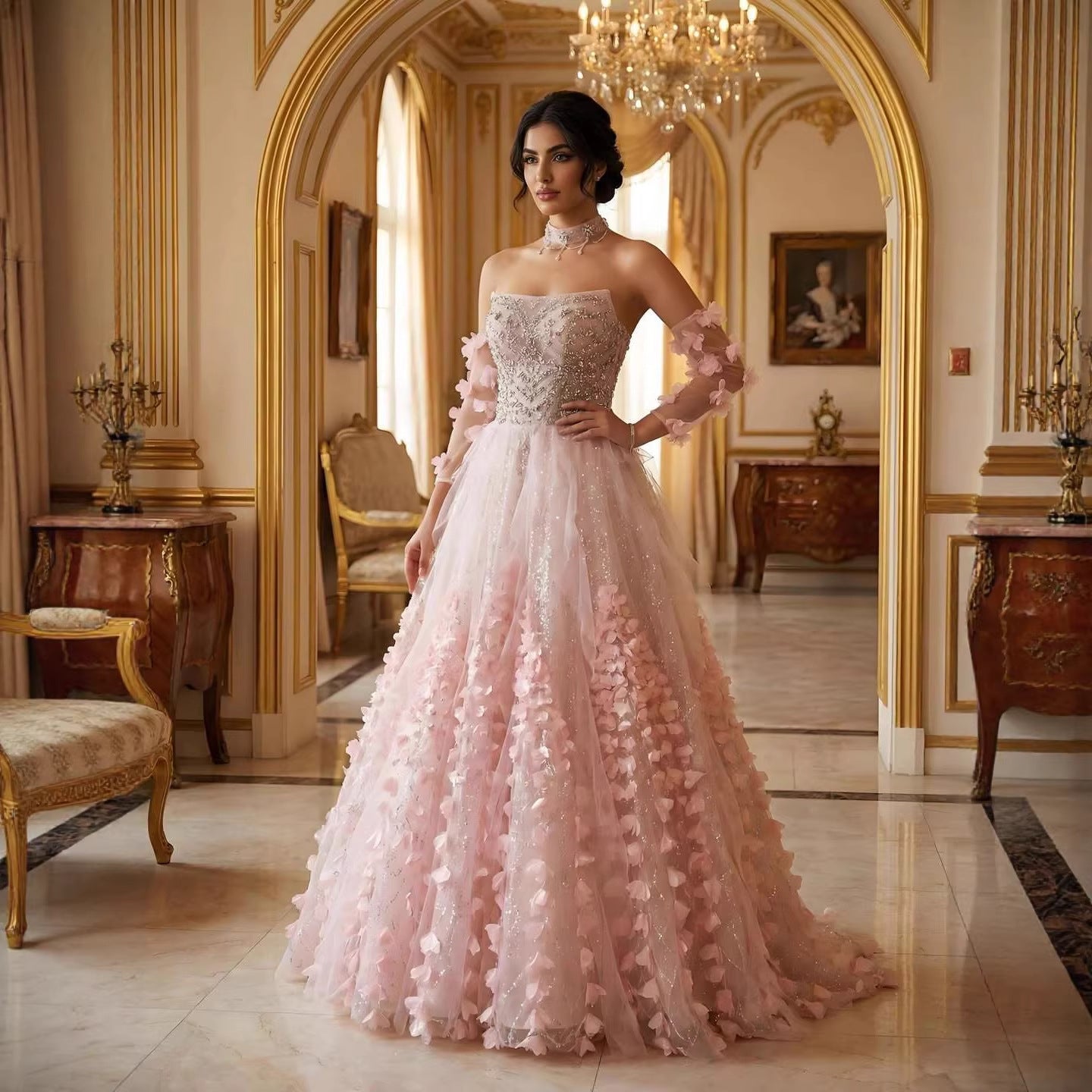 Luxury Pink Crystal Beaded 3D Floral Ball Gown Evening Dress CLA73579