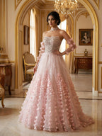 Luxury Pink Crystal Beaded 3D Floral Ball Gown Evening Dress CLA73579