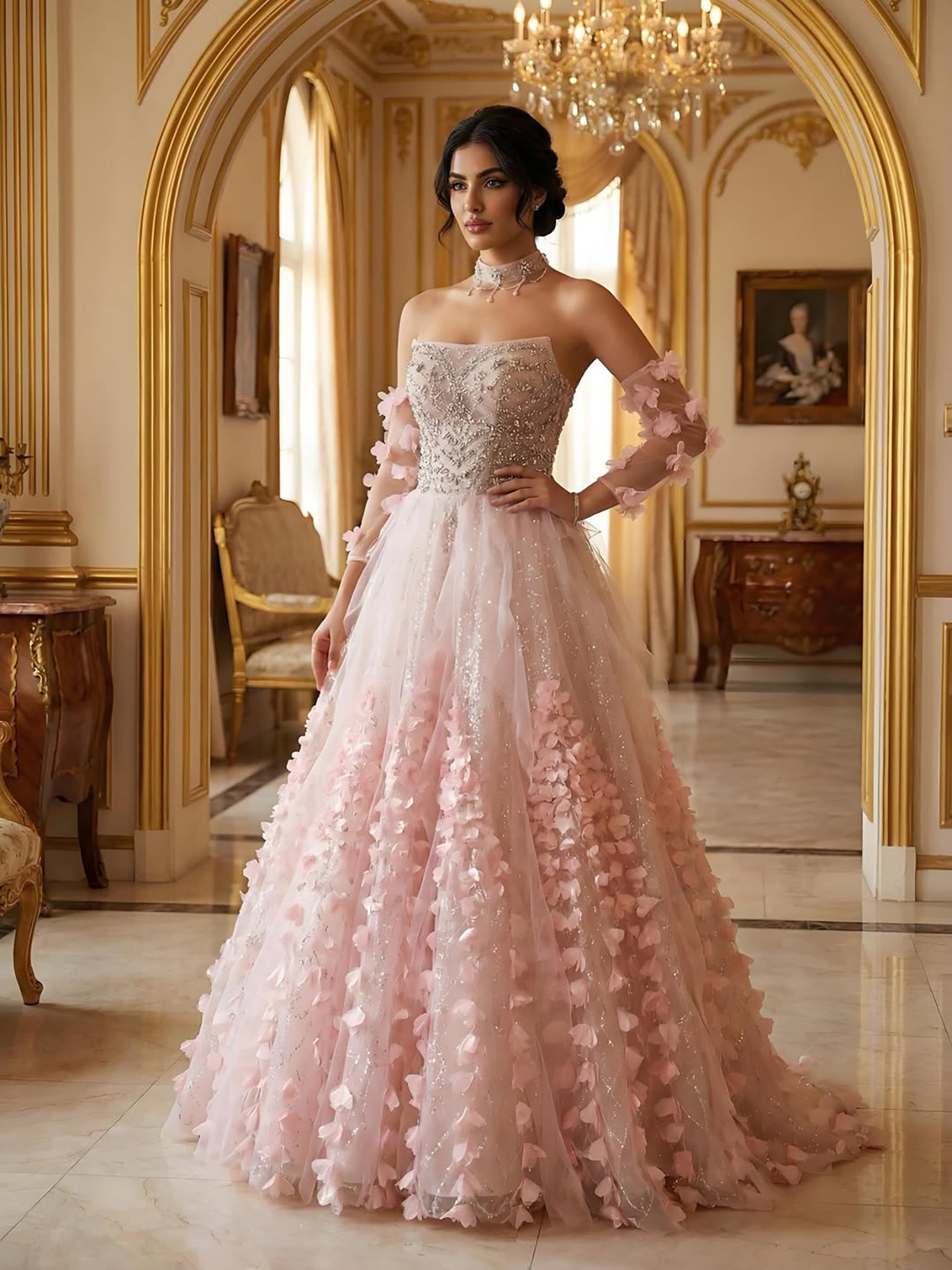 Luxury Pink Crystal Beaded 3D Floral Ball Gown Evening Dress CLA73579