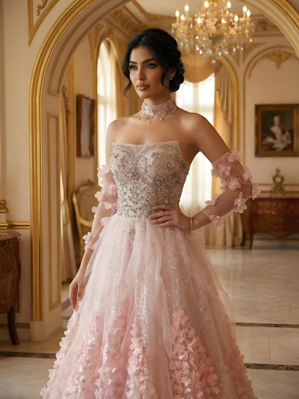 Luxury Pink Crystal Beaded 3D Floral Ball Gown Evening Dress CLA73579