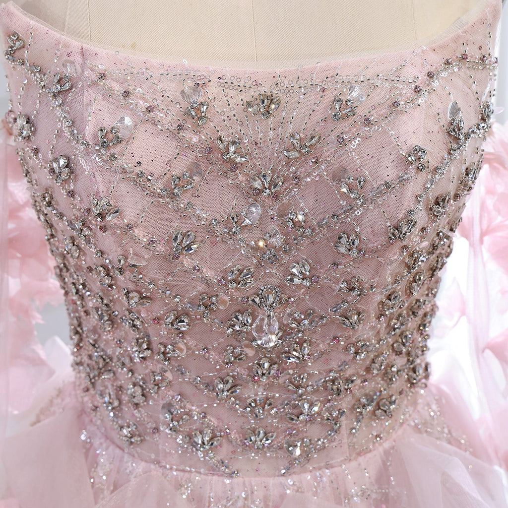 Luxury Pink Crystal Beaded 3D Floral Ball Gown Evening Dress CLA73579