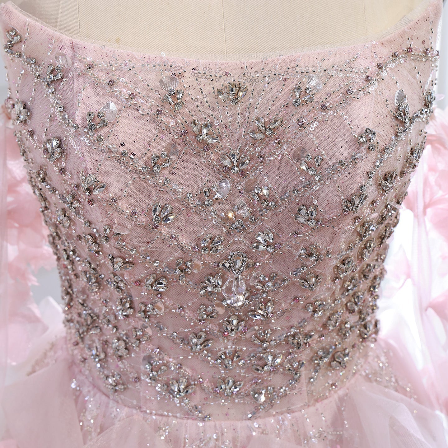 Luxury Pink Crystal Beaded 3D Floral Ball Gown Evening Dress CLA73579