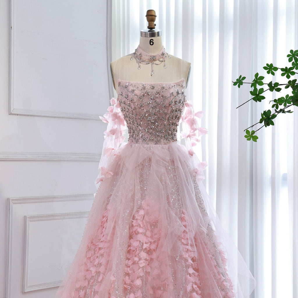 Luxury Pink Crystal Beaded 3D Floral Ball Gown Evening Dress CLA73579